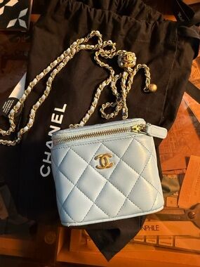 CHANEL Mini Quilted Vanity Bag in Light Blue with Gold Hardware
